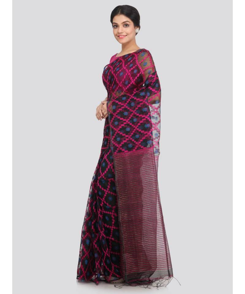 PinkLoom Women's black hand woven silk sarees With Blouse