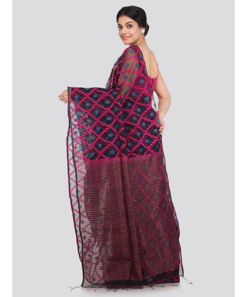 PinkLoom Women's black hand woven silk sarees With Blouse