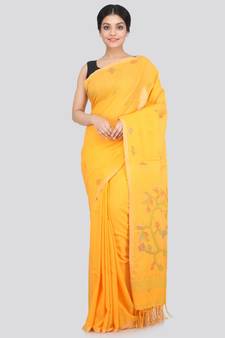 PinkLoom Women's yellow hand woven cotton sarees With Blouse