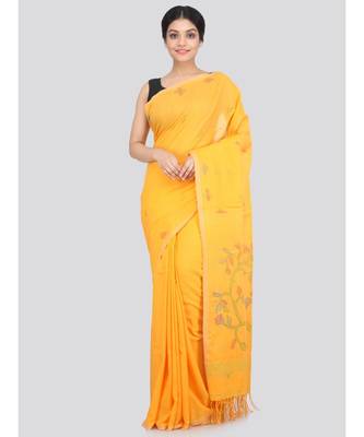 PinkLoom Women's yellow hand woven cotton sarees With Blouse 1