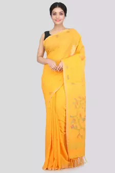 PinkLoom Women's yellow hand woven cotton sarees With Blouse
