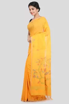 PinkLoom Women's yellow hand woven cotton sarees With Blouse