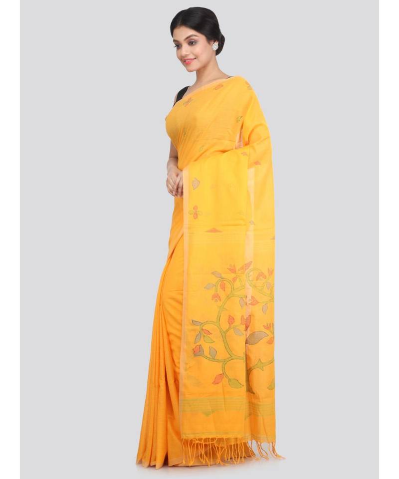 PinkLoom Women's yellow hand woven cotton sarees With Blouse