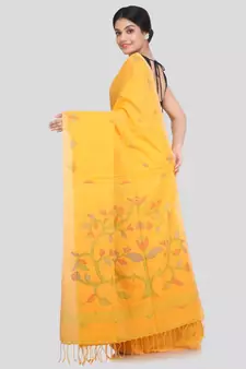 PinkLoom Women's yellow hand woven cotton sarees With Blouse