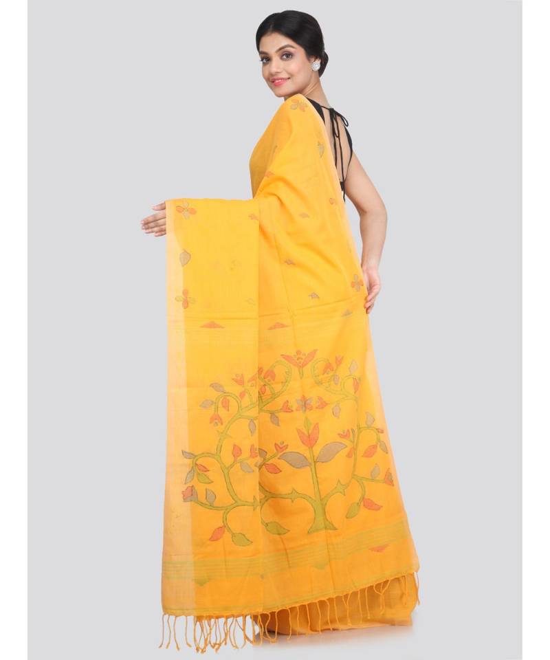 PinkLoom Women's yellow hand woven cotton sarees With Blouse