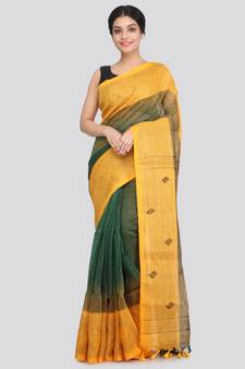 PinkLoom Women's green hand woven linen saree With Blouse