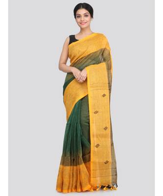 PinkLoom Women's green hand woven linen saree With Blouse 1