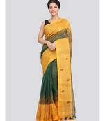 PinkLoom Women's green hand woven linen saree With Blouse