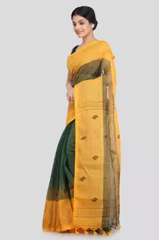 PinkLoom Women's green hand woven linen saree With Blouse