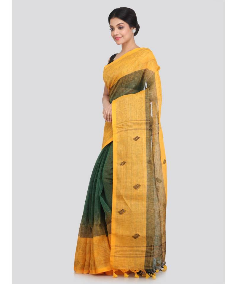 PinkLoom Women's green hand woven linen saree With Blouse