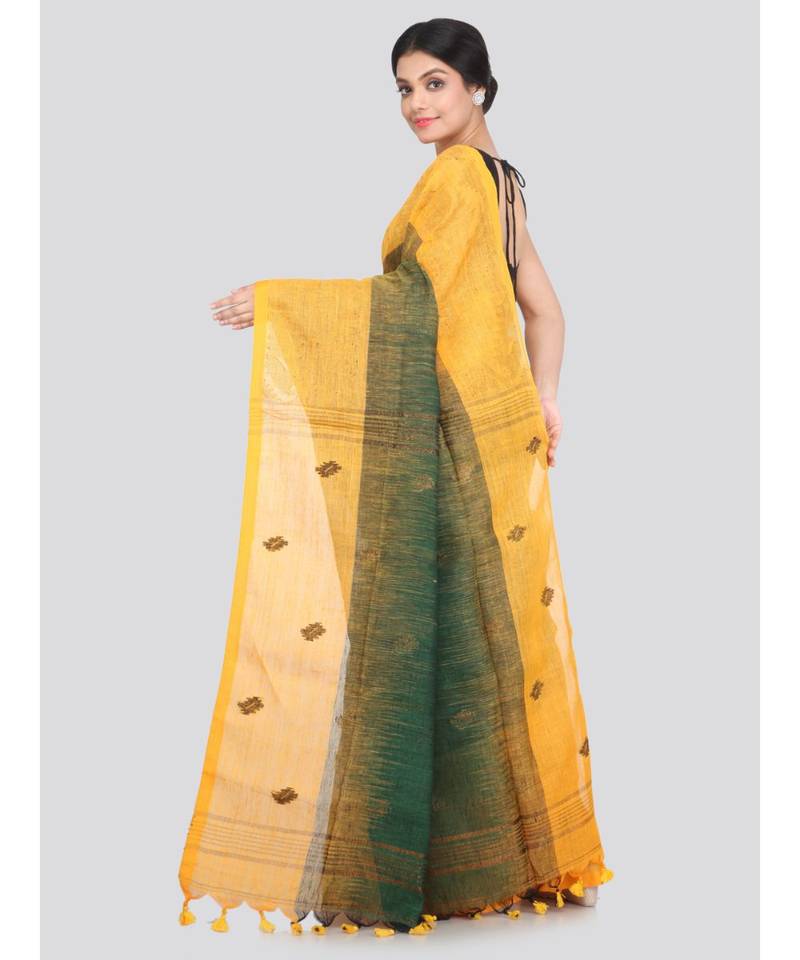 PinkLoom Women's green hand woven linen saree With Blouse