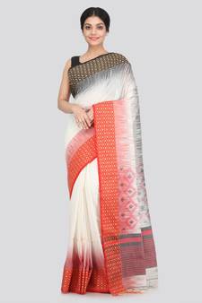 PinkLoom Women's white hand woven cotton sarees With Blouse