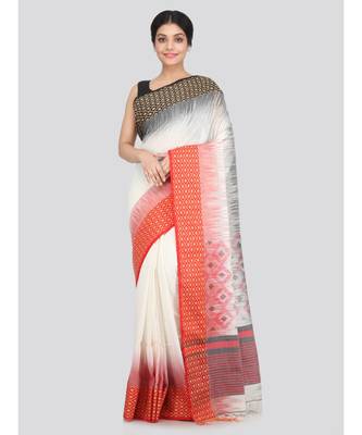PinkLoom Women's white hand woven cotton sarees With Blouse 1