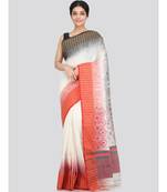 PinkLoom Women's white hand woven cotton sarees With Blouse