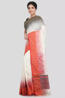 PinkLoom Women's white hand woven cotton sarees With Blouse