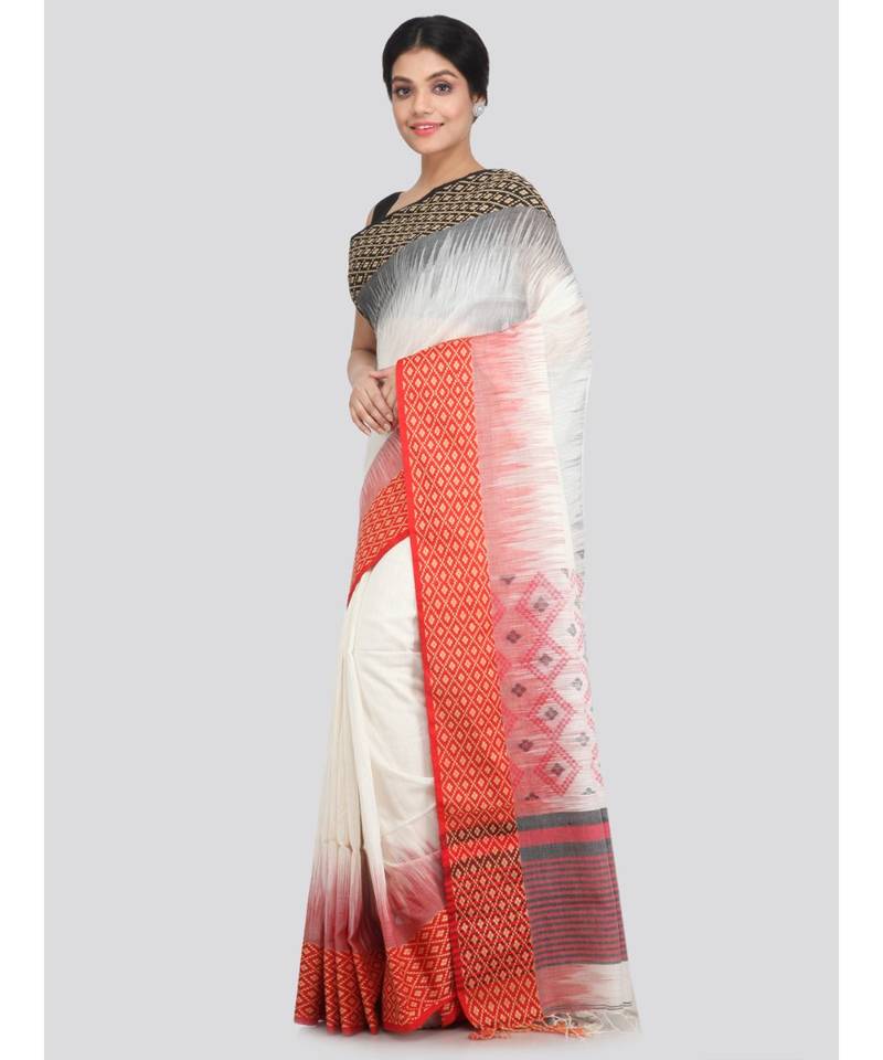 PinkLoom Women's white hand woven cotton sarees With Blouse
