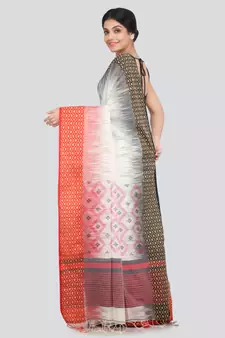 PinkLoom Women's white hand woven cotton sarees With Blouse