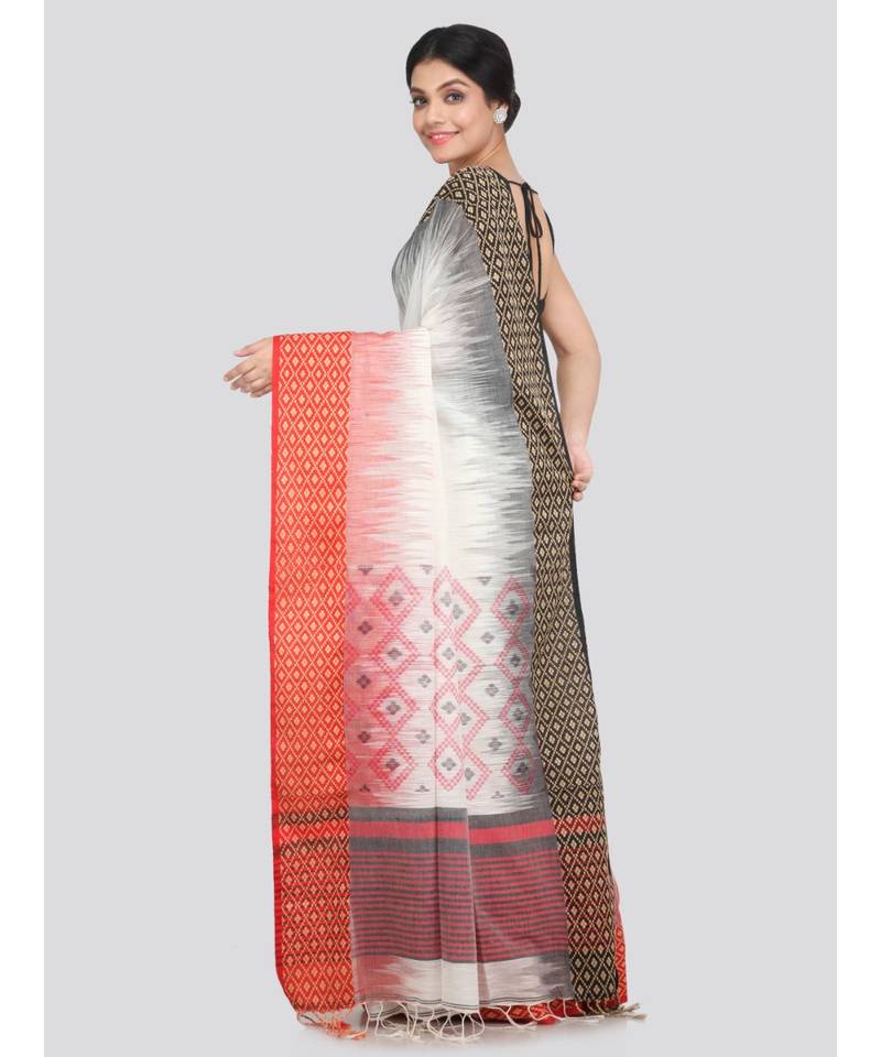 PinkLoom Women's white hand woven cotton sarees With Blouse
