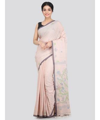 PinkLoom Women's beige hand woven cotton sarees With Blouse 1