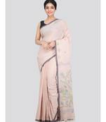PinkLoom Women's beige hand woven cotton sarees With Blouse