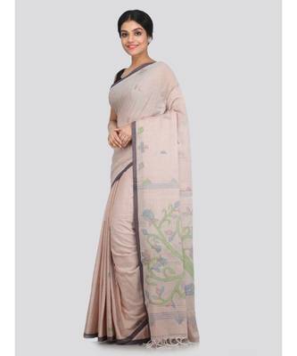 PinkLoom Women's beige hand woven cotton sarees With Blouse 2