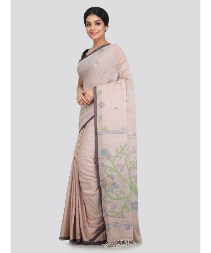 PinkLoom Women's beige hand woven cotton sarees With Blouse
