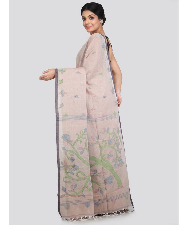 PinkLoom Women's beige hand woven cotton sarees With Blouse