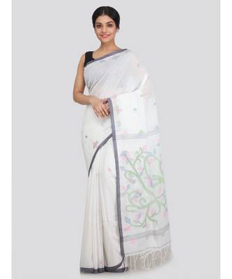 PinkLoom Women's white hand woven cotton sarees With Blouse 1