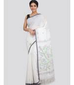 PinkLoom Women's white hand woven cotton sarees With Blouse