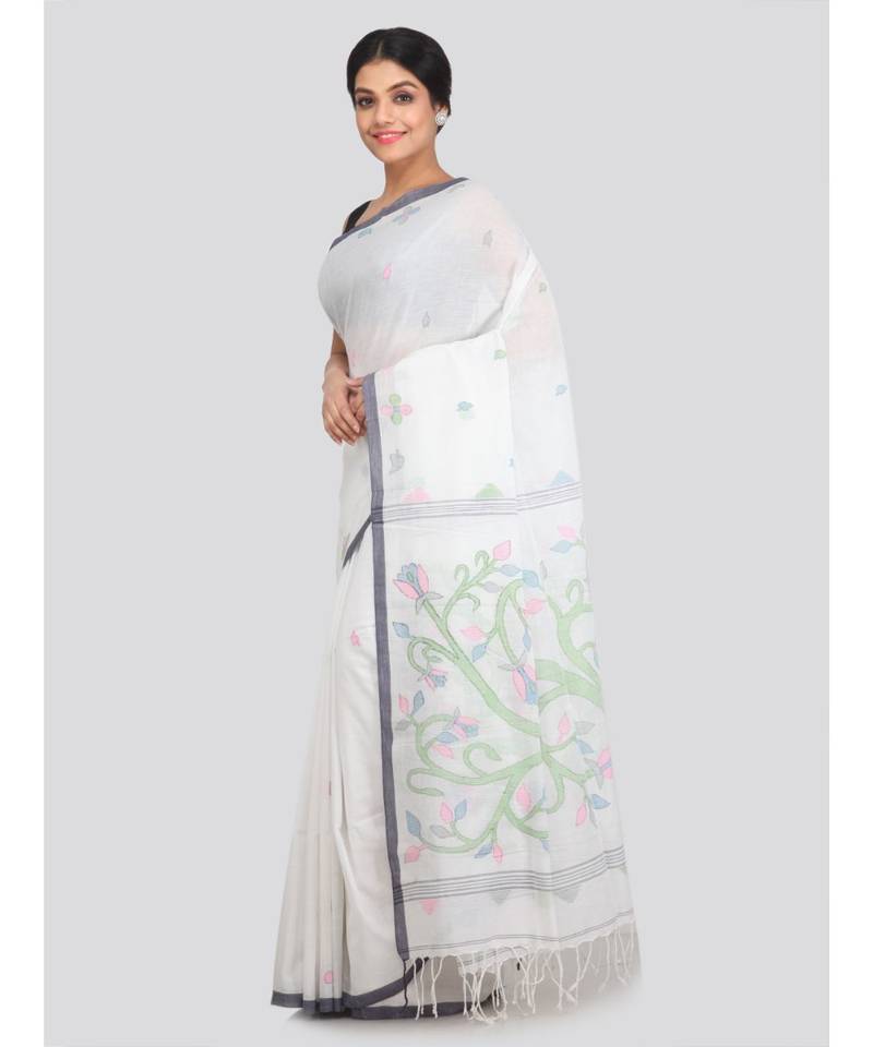 PinkLoom Women's white hand woven cotton sarees With Blouse