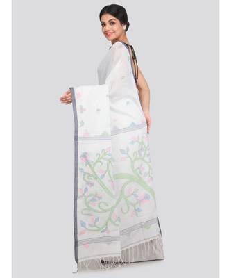 PinkLoom Women's white hand woven cotton sarees With Blouse 3