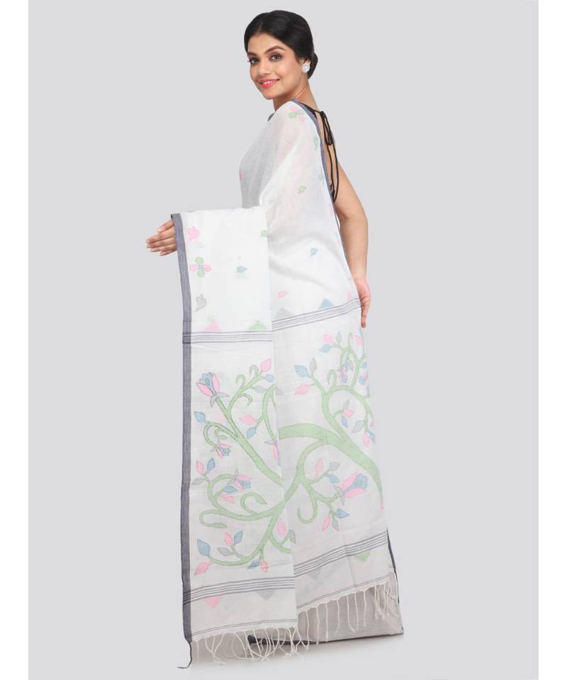 PinkLoom Women's white hand woven cotton sarees With Blouse