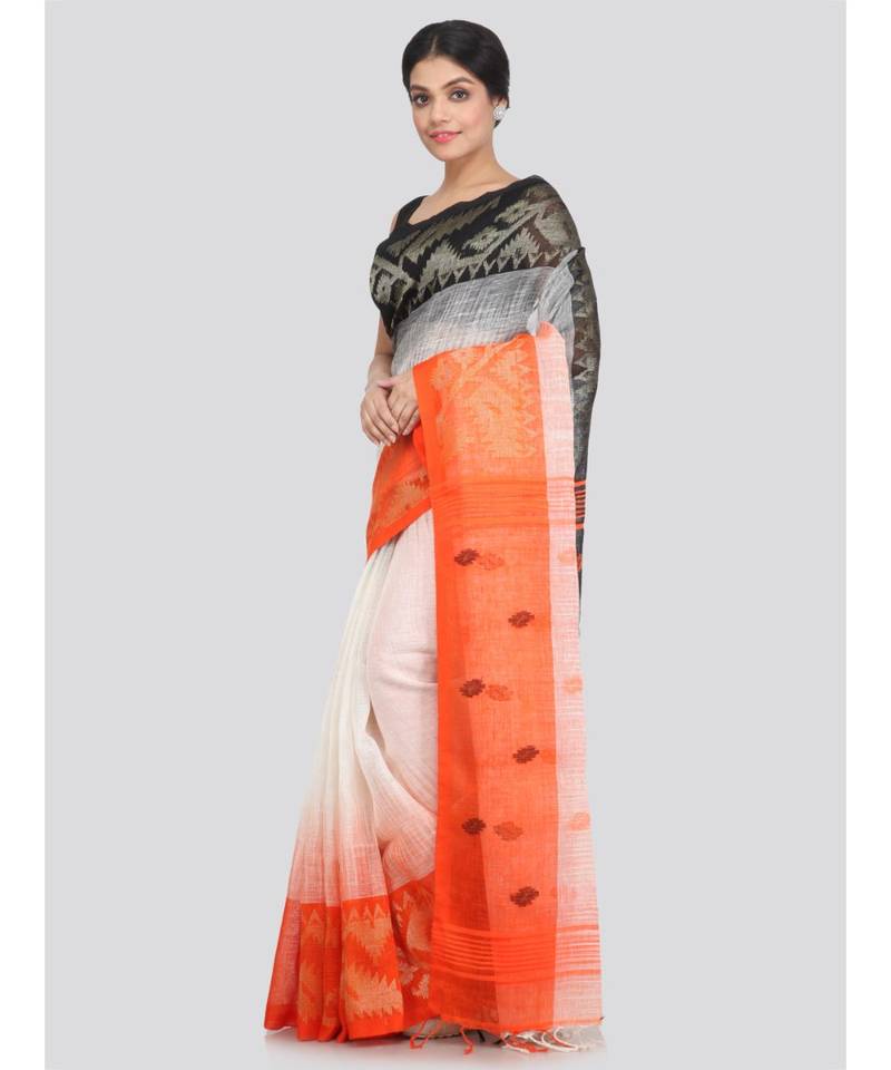 PinkLoom Women's multicolor hand woven linen saree With Blouse