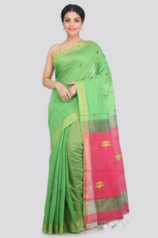 PinkLoom Women's green hand woven cotton silk sarees With Blouse