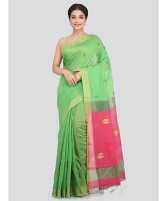 PinkLoom Women's green hand woven cotton silk sarees With Blouse 1