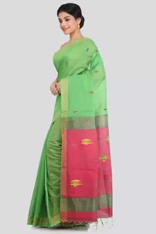 PinkLoom Women's green hand woven cotton silk sarees With Blouse
