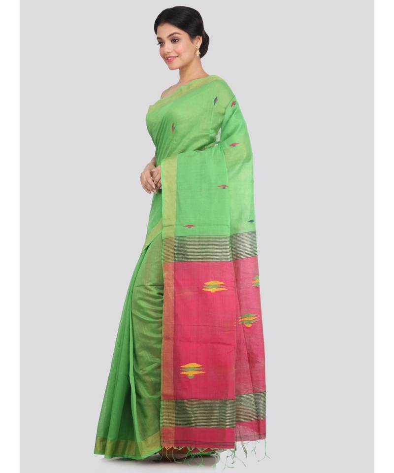 PinkLoom Women's green hand woven cotton silk sarees With Blouse