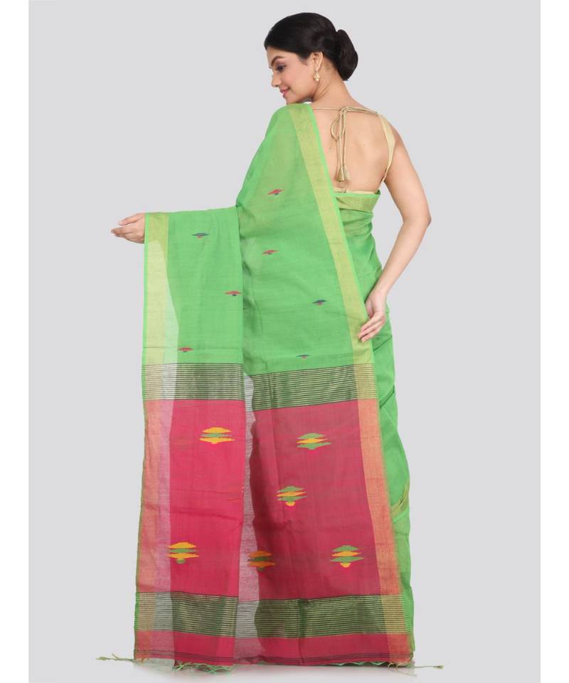 PinkLoom Women's green hand woven cotton silk sarees With Blouse