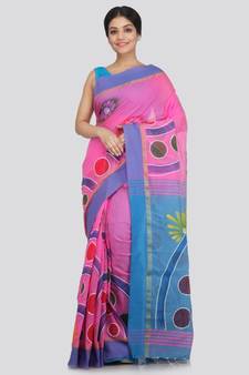 PinkLoom Women's pink hand woven cotton sarees With Blouse
