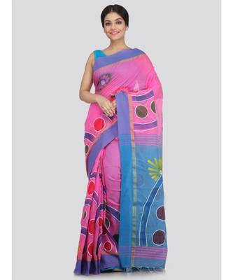 PinkLoom Women's pink hand woven cotton sarees With Blouse 1