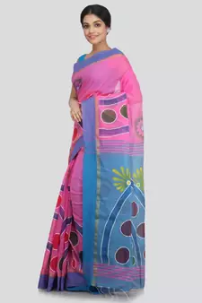 PinkLoom Women's pink hand woven cotton sarees With Blouse