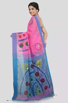 PinkLoom Women's pink hand woven cotton sarees With Blouse