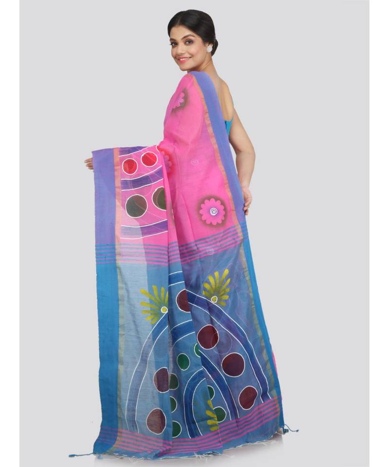 PinkLoom Women's pink hand woven cotton sarees With Blouse