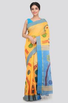 PinkLoom Women's yellow hand woven cotton sarees With Blouse