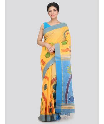 PinkLoom Women's yellow hand woven cotton sarees With Blouse 1