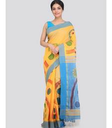 PinkLoom Women's yellow hand woven cotton sarees With Blouse