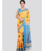 PinkLoom Women's yellow hand woven cotton sarees With Blouse