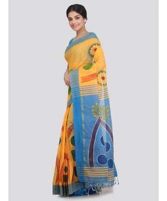 PinkLoom Women's yellow hand woven cotton sarees With Blouse 2