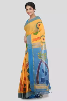 PinkLoom Women's yellow hand woven cotton sarees With Blouse