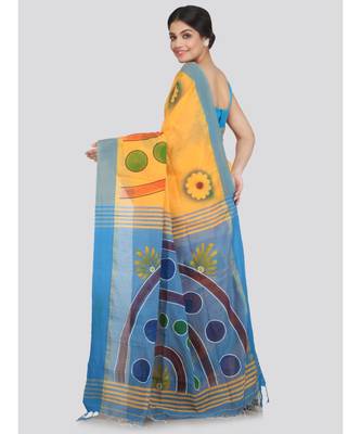 PinkLoom Women's yellow hand woven cotton sarees With Blouse 3